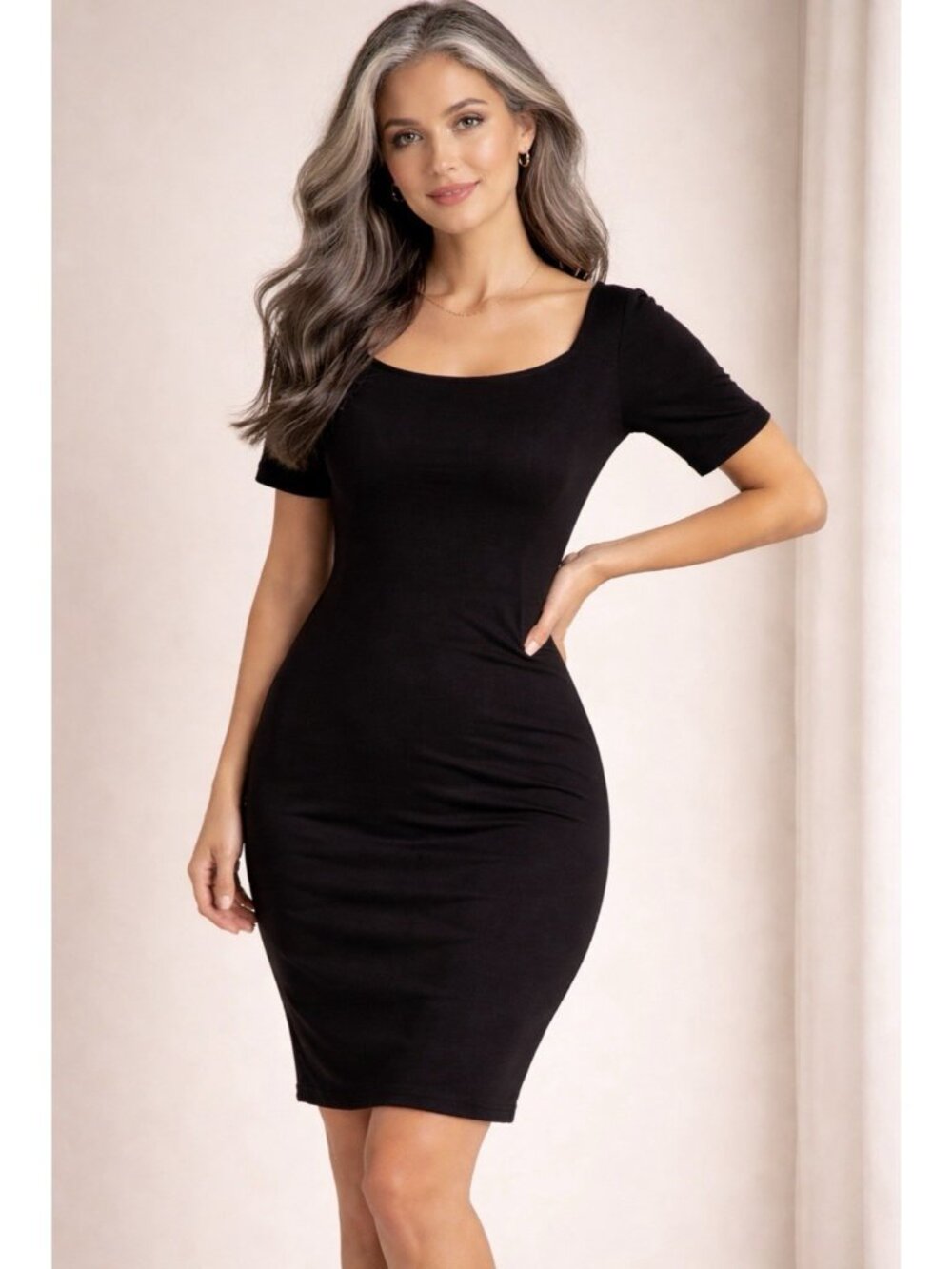 Talbots Dress 12 Black Ponte Stretch 3/4 Long Flutter Sleeve Square Neck NEW